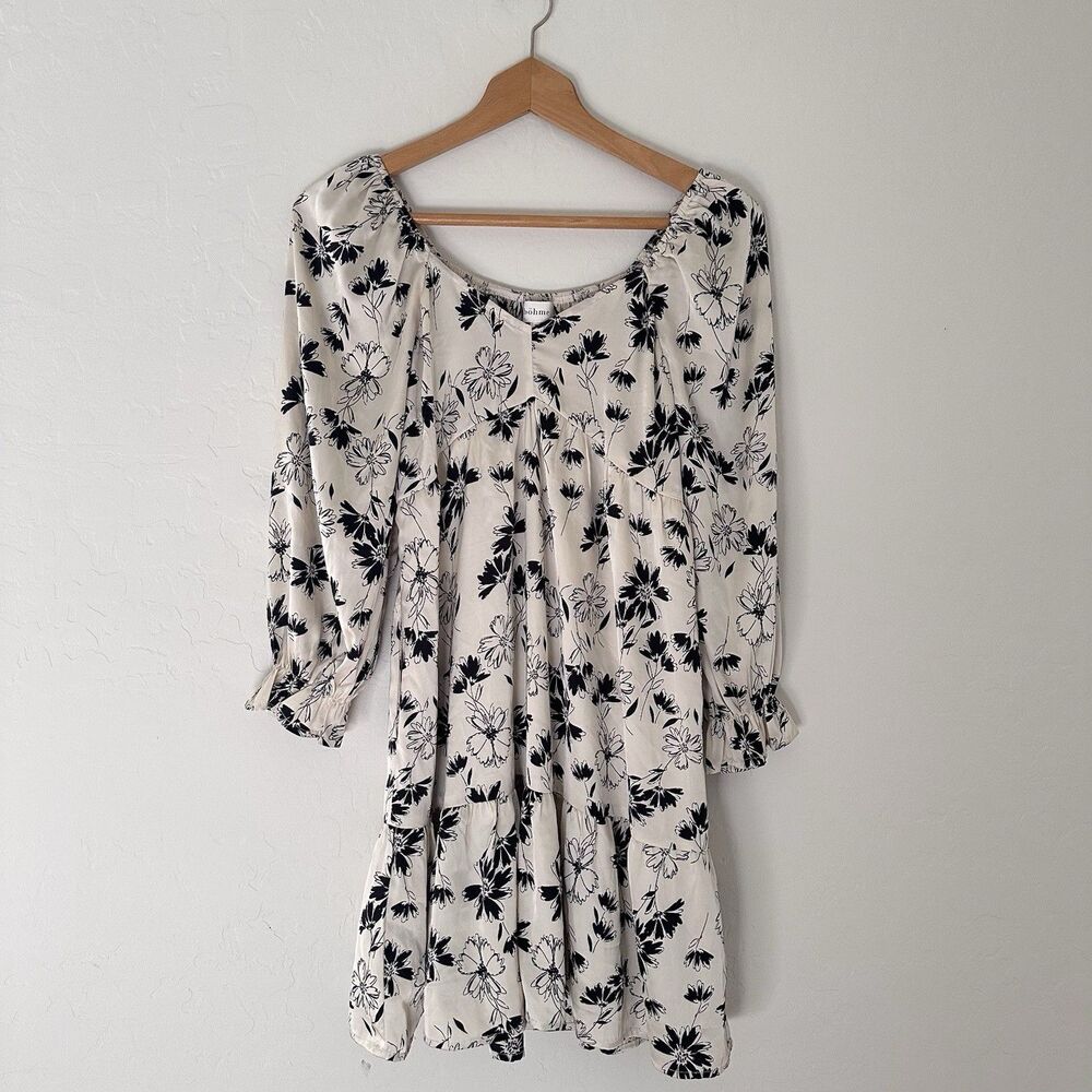 Bohme Black White Floral Tiered Dress Small Boho Peasant Long Sleeve
